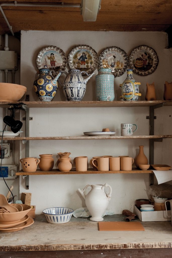 pottery shelves in workshop