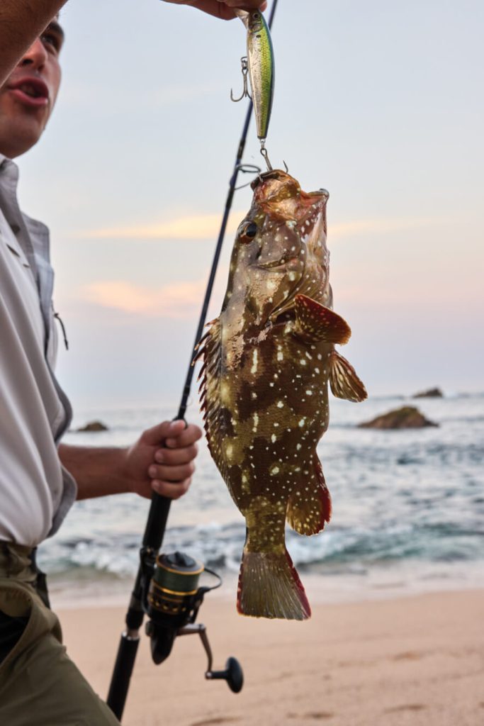 A man with a fresh fish caught on the line